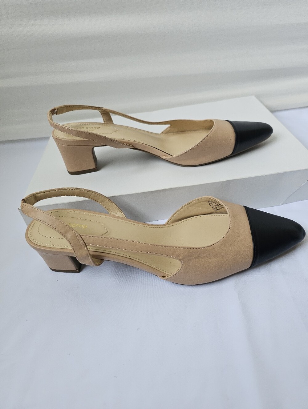 Two-Tone Slingback Pointed Toe Pumps in Beige and Black - Picture 5 of 16